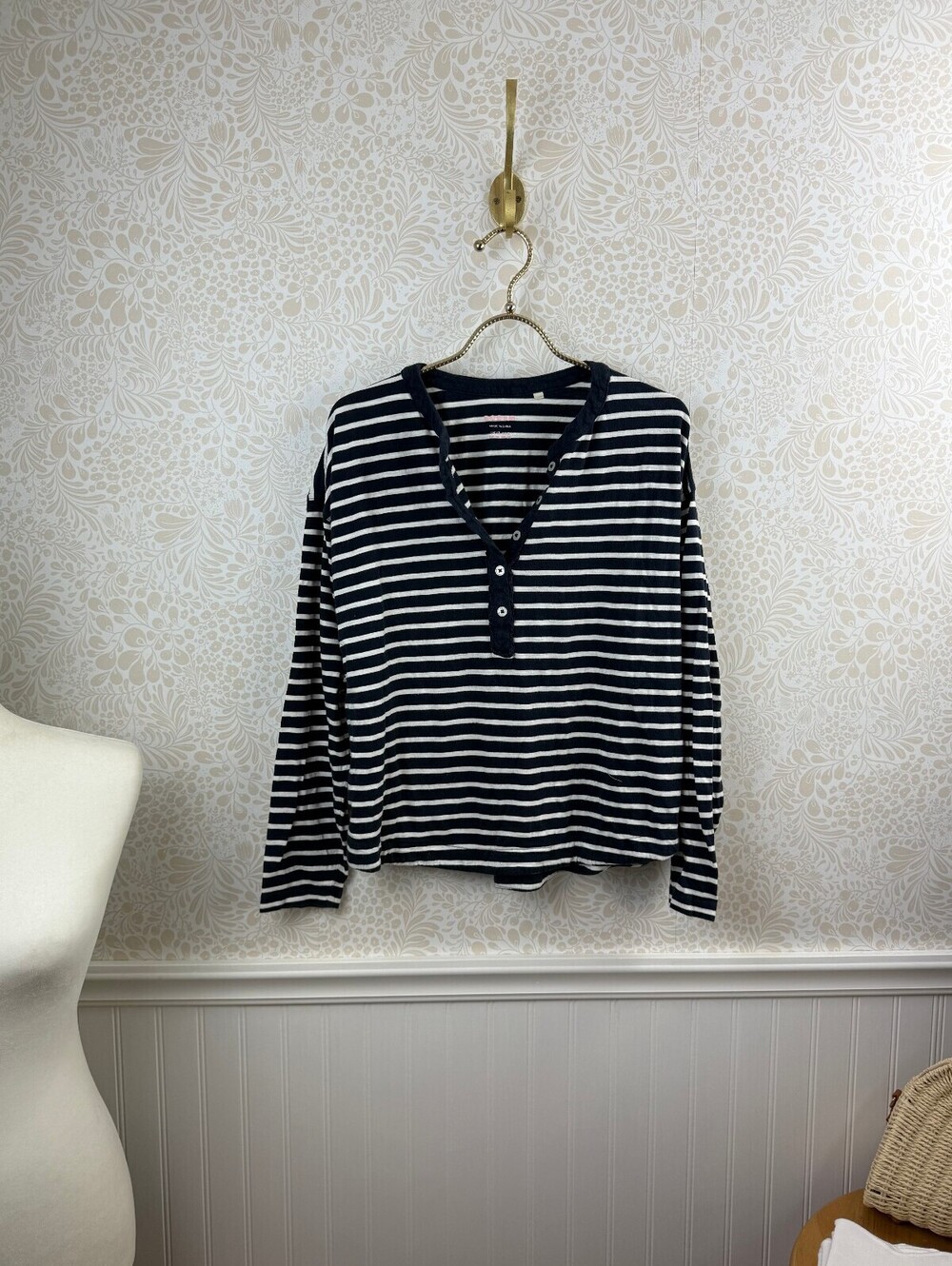 BODEN Navy and White Striped Ruffle Trim Long-Sleeve Henley Tee - Size - 8 - Picture 7 of 7